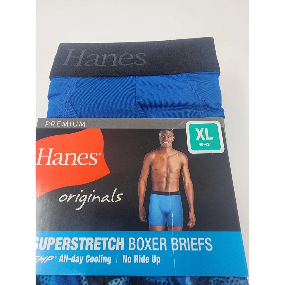 Hanes Mens Originals Superstretch Boxer Briefs Blue Polyester Blend Size XL
